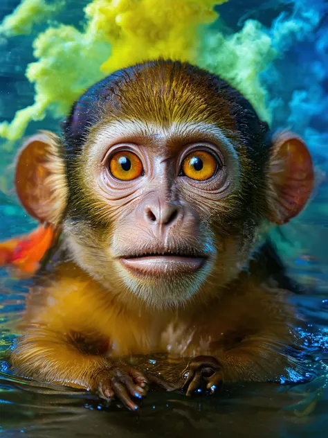 a cute monkey with big eyes, adorable expressions, swimming in water, natural light, vibrant colors, 8k, high detail, realistic, professional photography, clear images and details,4k,masterpiece,cinematic,Extremely realistic,monkey in the photo submerged i...