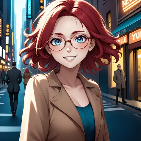 (cinematic still, realistic:1.3), red hair, glasses, blue eyes, mischievous smile, promotional, New York City Street