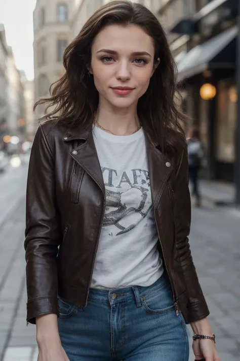 portrait of S445_NelyaJorden,a gorgeous woman,in a (city:1.1),wearing a (leather-jacket),(tshirt),(4k, RAW photo, best quality, 50mm, depth of field, ultra high res:1.1),(intricate, photorealistic, cinematic-shot, masterpiece, ultra-detailed:1.1),