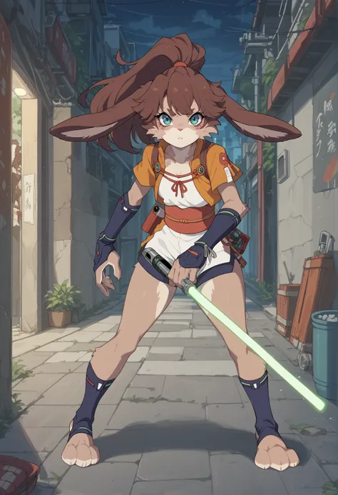 1girl, rabbit girl, long hair, brown hair, ponytail, blue eyes, furry, japanese clothes, wristbands, obi, short sleeves, shorts, holding green lightsaber, outdoors, alley, science fiction, night, cyberpunk, fighting stance, small breasts, looking at viewer...