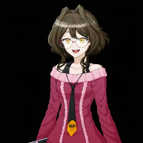 Kokoro Mitsume, danganronpa, brown hair, bangs, sidelocks, yellow eyes, glasses, bare shoulders, sweater, shoulderless sweater, magenta sweater, undershirt, sleeveless undershirt, black undershirt, necktie, black necktie, orange-tipped necktie, smile, open...