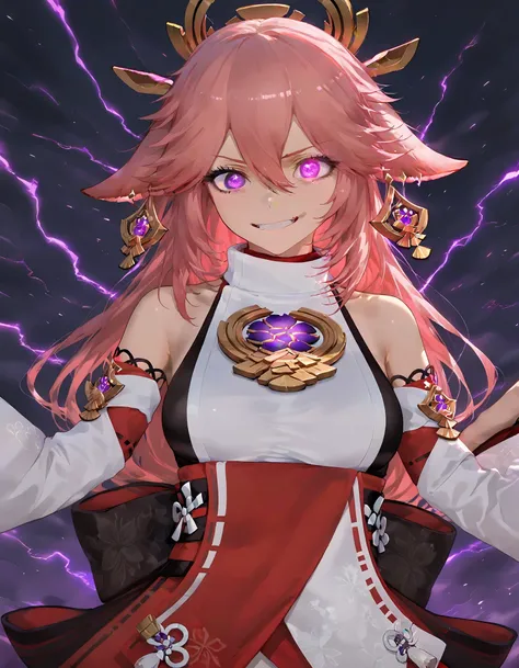 1girl, Yae Miko, Crazy Expression, glowing purple eyes, lightning