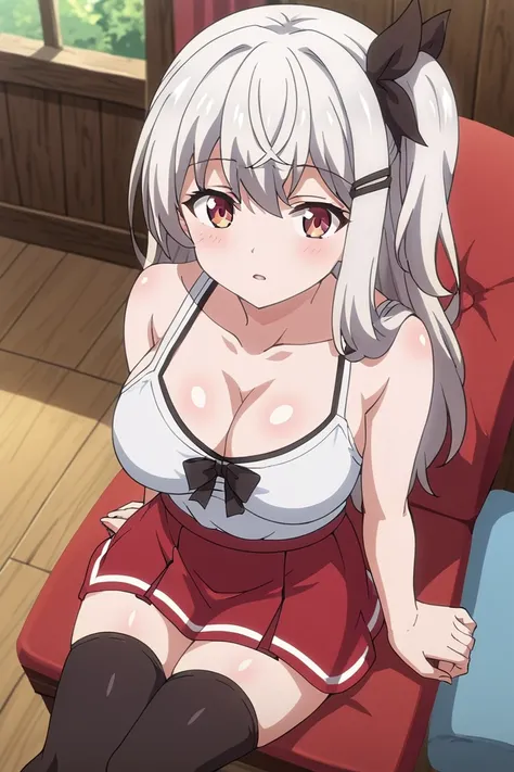 rating_safe, score_9, score_8_up, score_7_up, 2d, anime_screencap, source_anime ,1girl, solo, alpsanime, white hair, long hair, one side up, hair bow, black bow, hairclip, large breasts, cleavage, collarbone, white shirt, sleeveless, red skirt, black thigh...