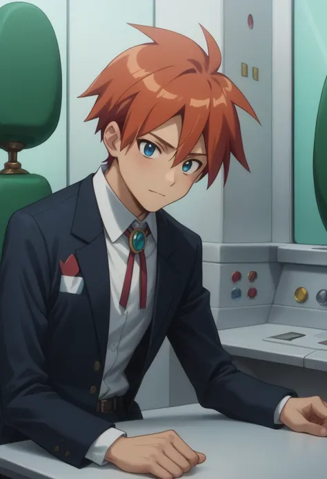 score_9, score_8_up, score_7_up, score_6_up, highly detailed, masterpiece, best quality,detailed,intricate details, amazing quality, best aesthetic, absurdres,source_anime,
male focus, 1boy, gimmy adai orange hair blue eyes male focus COLLARED SHIRT, black...