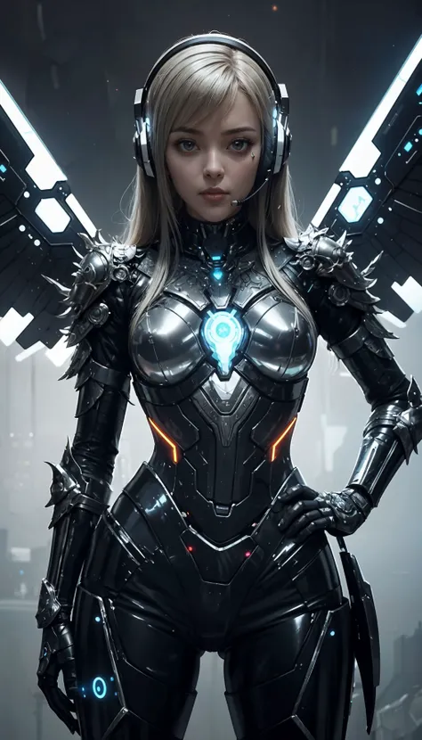 science fiction, 1girl, looking at viewer, hand on hip, pretty face, korean, scifi armor, (geometric:1.1), headset, shoulderpads, breastplate, wings, joints, chrome, latex, glowing circuits, angluar shapes, ornate, intricate, cyberpunk, empty background, 8...