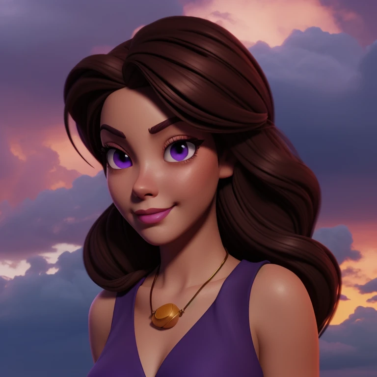 <lora:Vanessa-V1:0.8> Va79ssa, 3d, render, pixar style animation, hires, best quality, ,1girl, woman,clothed, smirk,purple eyes, purple dress, brown hair
(gold shell necklace:1), 
stormy sky <lora:3DMM_V7:0.7> 3DMM