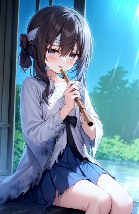 1girl,miyase_mahiro,hiten (hitenkei),azuuru,
grey eyes,mansui,solo,bandages,torn clothes,sitting,bandage on forehead,rain,puddle,upper body,white clothes,blue skirt,long sleeves,trembling,gazebo,bamboo flute,playing instrument,crying,tears,
masterpiece,new...