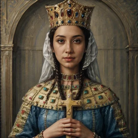 Highest quality, best quality, award winning photo, 1girl, Queen tamar of Georgia, very detailed, holding a cross, blonde hair, 
,  <lora:Tamar:0.6>,  <lora:add_detail:1>