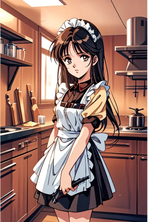 1 maid girl, holding gun, rifle, machine gun, kitchen