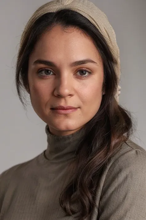 Portrait of l4r4s1lv4 woman, slight smiling, gray turtleneck blouse, detailed face, bandana