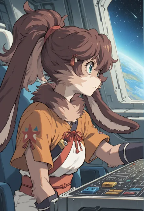 1girl, solo, rabbit girl, long hair, brown hair, ponytail, blue eyes, furry, japanese clothes, wristbands, obi, short sleeves, shorts, sitting, cockpit, piloting, spacecraft interior, star (sky), space, upper body <lora:LOP_sw:1>, score_9, score_8_up, scor...