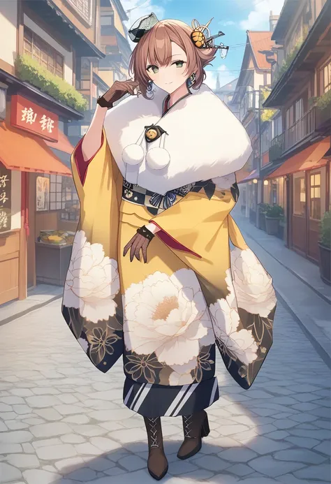 tall girl,  <lora:KC_05BB_mutsu-kai2_pony_0617b:0.85>  brown hair, green eyes, headgear, short hair, minihat, mutsuharegi-kc, print kimono, yellow kimono, fur collar, brown boots, race boots, brown gloves,, score_9,score_8_up, score_7_up, source_anime, mas...