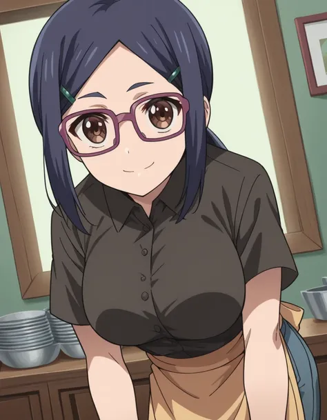 score_9, score_8_up, score_7_up, source_anime,
amiasai, <lora:ami-asai-s2-ponyxl-lora-nochekaiser:1>,
ami asai, long hair, hair ornament, brown eyes, blue hair, glasses, hairclip, ponytail, large breasts,
shirt, black shirt, collared shirt, short sleeves, ...