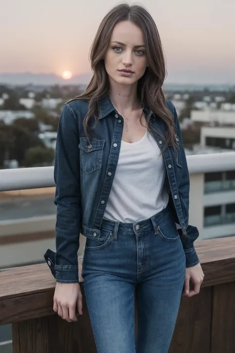 photo of N4t4sh4St4rr_HM-135, a woman, perfect hair, (modern photo), wearing flannel shirt and jeans, 50mm medium telephoto (analog, cinematic, film grain:1.3), Gas Giant Sky Platform, Floating platform in a gas giant with atmospheric views., detailed eyes...