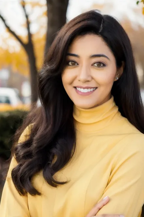 Portrait of y4sm1nebu5tm41 woman, smiling, yellow turtleneck blouse