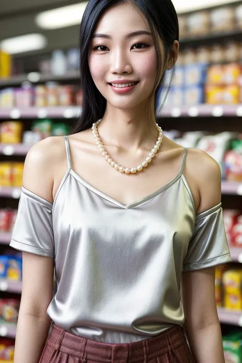 Asian woman, closeup, (shirt), pants, (convenience store), pearl necklace , smiling , KM_yanjmaa, wide shoulders, perfect face, (contact iris: 1.1), pale skin, skin pores , depth of field