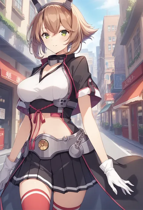 cowboy shot, city, <lora:KC_05BB_mutsu-kai2_pony_0617b:0.93> brown hair, green eyes, headgear, short hair, mutsukai2-kc, crop top, white top, black coat, open coat, short sleeves, white gloves, mutsu2-skirt, black skirt, pleated skirt, miniskirt, navel, re...