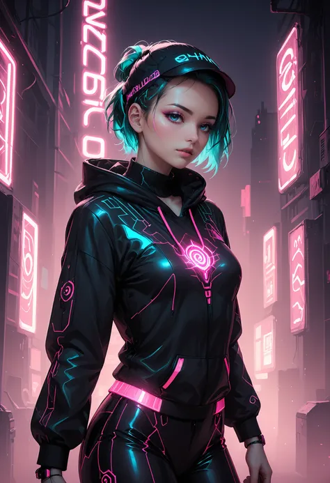 A photo captures a cyberpunk mechanoid woman wearing a hoodie. Neon-lit urban backdrop, futuristic cityscape, metallic textures, glowing cybernetic enhancements, hoodie with digital patterns, augmented reality interface, sleek visor, dynamic pose, dystopia...