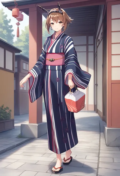 walking, full body, <lora:KC_05BB_mutsu-def_pony:1>brown hair, short hair, headgear, black hedgear, brown eyes, mutsuyukata-kc, mutsu-obi, yukata, blue kimono, sandals,, score_9,score_8_up, score_7_up, source_anime, masterpiece, best quality,  official art...