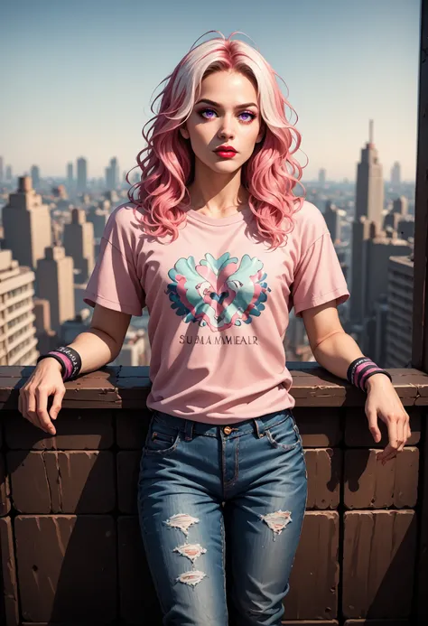 lfixri , lo-fi, soft colors, 1boy, solo, transgender male, two tone hair, multicolored hair, white hair, pink hair, red hair, green hair, purple eyes, long hair, wearing a black and pink anime tshirt, denim jeans, makeup, wristband, lipstick, jewelry, dept...