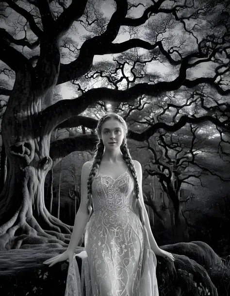 In a captivating black-and-white photograph, Gracie, a woman with cascading golden locks braided into an intricate design, gazes warmly into the lens with her deep blue eyes, set against the backdrop of a whimsical, moonlit forest. The enchanting scene is ...