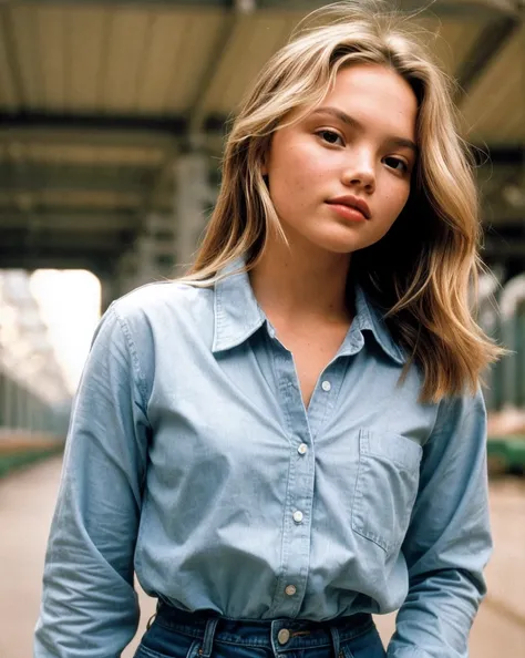 photo of N4t4l13AlynL1nd_HM-135, a woman, perfect hair, (modern photo), wearing long sleeve button-up shirt and jeans, 50mm short telephoto (analog, cinematic, film grain:1.3), Martian Geological Base, Research facility studying the geology and geological ...