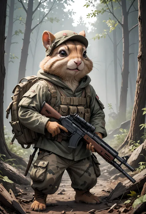 A photo captures a chipmunk soldier with a big gun in a rugged woodland setting. Camouflage attire, tactical gear, determined stance, oversized weapon, natural surroundings, intense focus, gritty textures, dynamic pose, forest backdrop, dramatic lighting, ...