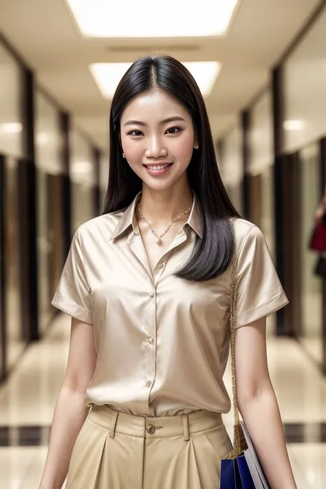 Asian woman, closeup, (shirt), pants, (shopping mall hallway), pearl necklace , smiling , KM_yanjmaa, wide shoulders, perfect face, (contact iris: 1.1), pale skin, skin pores , depth of field