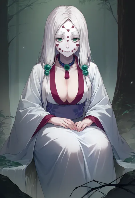 score_9, score_8_up, score_7_up, solo, 1girl, motherspiderdemon, white skin, facial mark, forehead mark, expressionless, sitting, white hair, hair ornament, green eyes, japanese clothes, white kimono, cleavage, fog, forest, spider web <lora:demonslayer_mot...