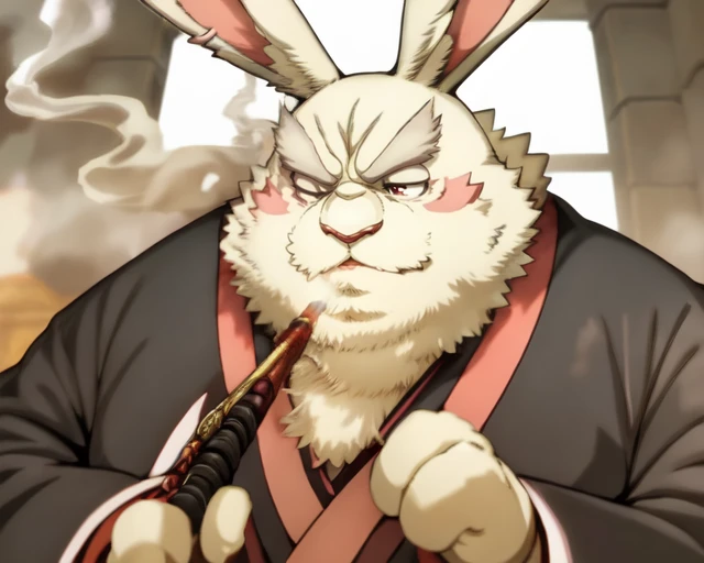 <lora:Vysache-10:1.0> vysache, manly, rabbit, mature male kemono male, one eye closed, smoking pipe, by garouzuki, (best quality:1.3), (anime:1.2),(anime screencap:1.2)