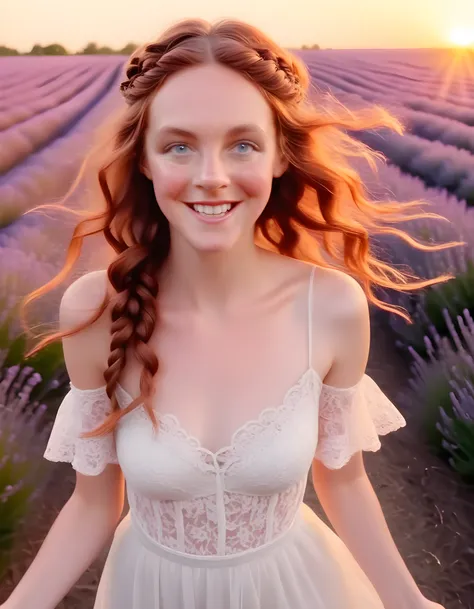 In a whimsical, dream-like scene, Gracie, a radiant woman with long, cascading auburn hair, her smile as captivating as the sunrise, twinkling blue eyes reflecting the joy in her heart, is gracefully posed against a vibrant backdrop of blooming lavender fi...