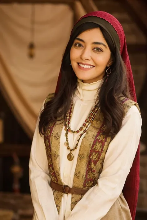 Portrait of y4sm1nebu5tm41 woman, smiling, medieval old turtleneck blouse, in a medieval house, headscarf, detailed face