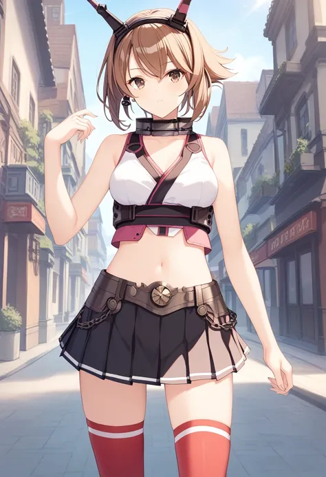 cowboy shot, <lora:KC_05BB_mutsu-def_pony:1>brown hair, short hair, headgear, black hedgear, brown eyes, mutsudef-kc, metal collar, white shirt, cropped top, sleeveless, bare shoulders, navel, mutsu-skirt, black skirt, miniskirt, pleated skirt, metal belt,...