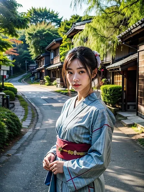 <lora:add_detail:0.25>(realistic, photo-realistic:1.3), ultra-detailed, (realistic skin),
1girl, 27yo japanese female, standing, japanese kimono clothes, upper body, 
 <lora:JPN_edo-cityscape:0.6> outdoors, japanese building, dirt road, willow tree, stone ...