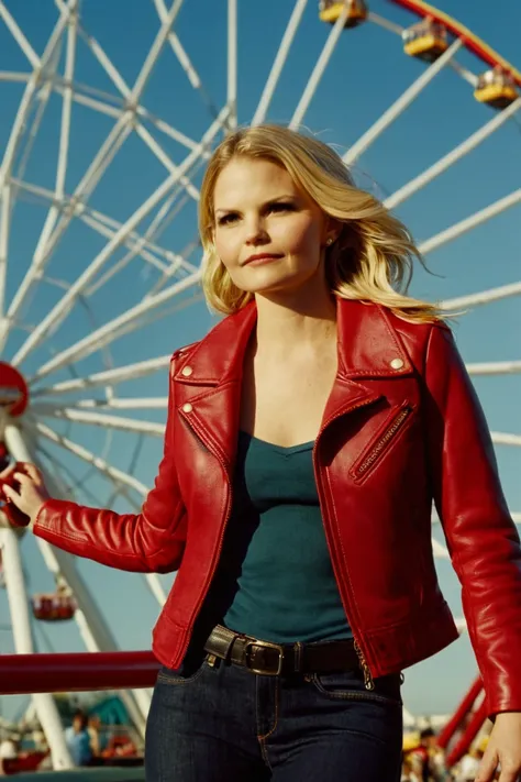 emma swan (jennifer morrison) in a red leather jacket twisted torso at ferris wheel. <lora:emmaSwan:1> . 35mm photograph, film, bokeh, professional, shot by jamie hawkesworth, 4k, highly detailed