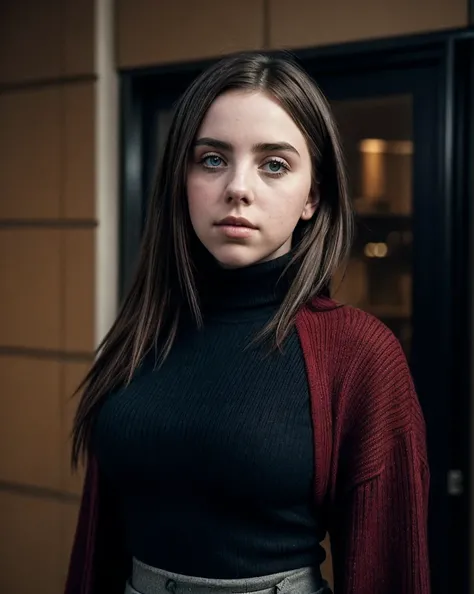 photo of B1ll13E1l1sh_HM-135, a woman, perfect hair, (modern photo), wearing turtleneck sweater and maxi skirt, 200mm standard (analog, cinematic, film grain:1.3), Martian Geological Base, Research facility studying the geology and geological history of Ma...