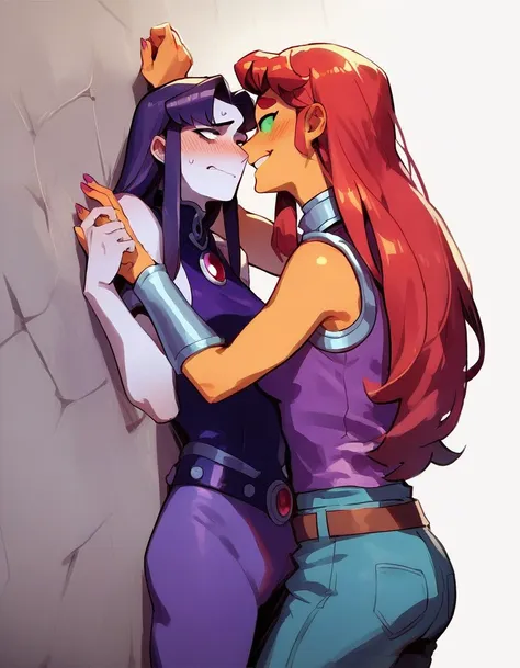 score_9, score_8_up, score_7_up, score_6_up, source_anime, ,
fdom_awall, yuri, 2girls, nervous blushing raven, confident smiling starfire, femdom, kabedon, rating_questionable,
lhand_wall, rhand_wall, , <lora:460134f1-d660-4ea2-a793-453961ed137d:0.7>