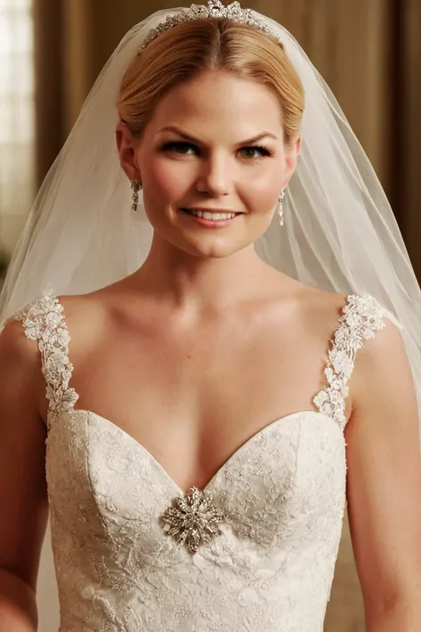 emma swan (jennifer morrison) a bride with triumphant smile and blushed cheeks. The focus is sharp on her splashy eyes, sparkling with excitement and love. She is adorned in an exquisite white lace gown that cascades elegantly around her, accentuating her ...