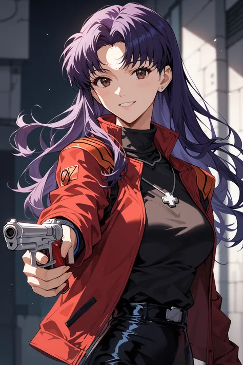 score_9, score_8_up, score_7_up, score_6_up, score_ANIME,
1girl, katsuragi misato,  ( neon genesis evangelion), purple hair,  long hair, brown eyes,
red jacket, black turtleneck sweater,  black pencil skirt,
upper body, light smile, handgun, aiming at view...