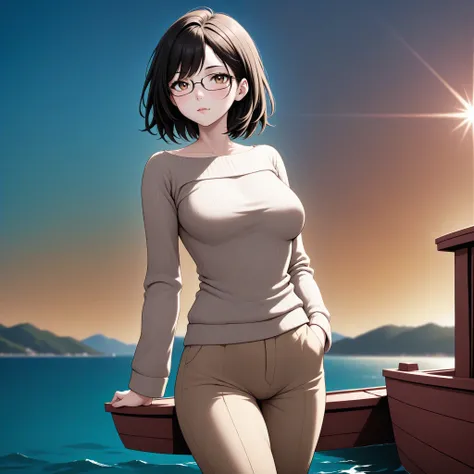  mature, female, black hair, Boat neck sweater, Flare pants,arm at side, panorama, 