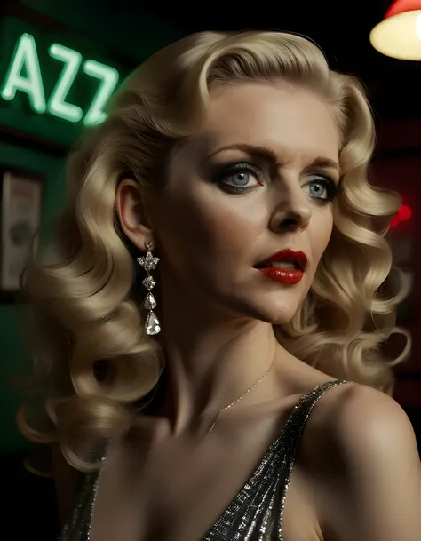 In a gritty, noir-inspired setting reminiscent of 1940s New York City, the camera focuses on Amanda, a striking blonde woman with long, wavy hair that cascades down her back like liquid gold. Her intense green eyes are accentuated by thick, dramatic eyelin...