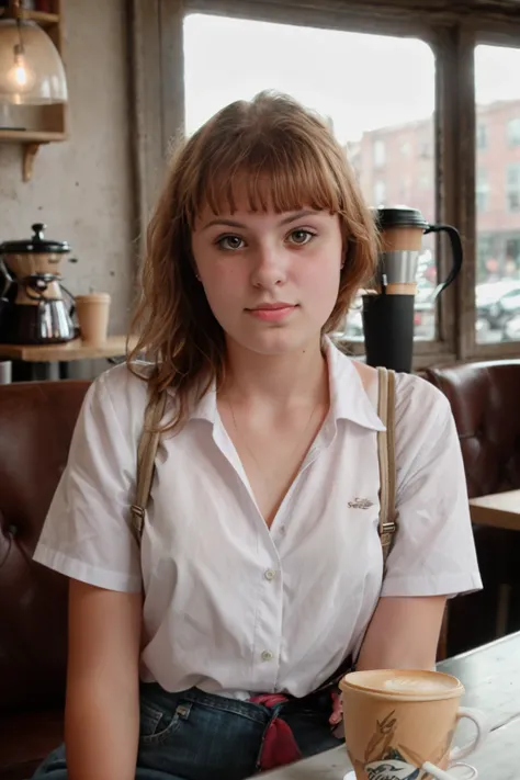 <lora:Dina:0.8> full color portrait of a young woman, having coffee at a vintage cafe, natural light, RAW photo, subject, 8k uhd, dslr, soft lighting, film grain, Fujifilm XT3, Nikon D850