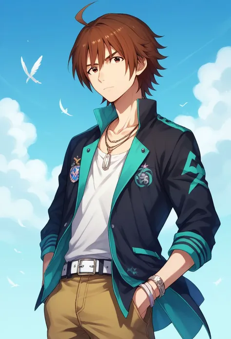 score_9, score_8_up, score_7_up, source_anime, highly detailed, 
touma, solo, brown hair, ahoge, jewelry, brown eyes, necklace, belt, hand in pocket, male focus, 1boy, feathers, jacket, pants, short hair, upper body, skinny, sky,