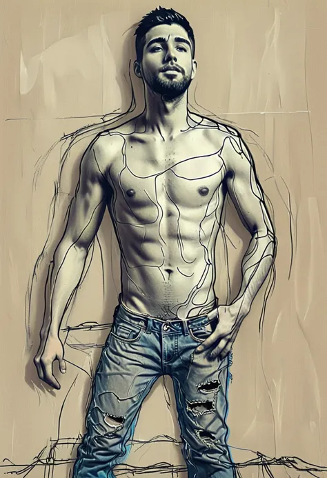 <lora:artfullyREALSKETCH_SDXL_V1:1>, artrlsktch, illustration, male, denim jeans with holes in them, can see black underwear, groin bulge, hairy naval, beard