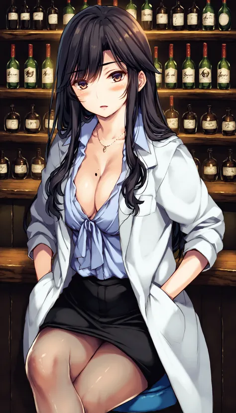 score_9, score_8_up, score_7_up, score_6_up, score_5_up, score_4_up, game cg
BREAK
amagi_olis, 1girl, solo, gradient hair, long hair, brown eyes, necklace, mole on breast, lab coat, blue shirt, taut skirt, thighband pantyhose, looking at viewer, blush, cro...