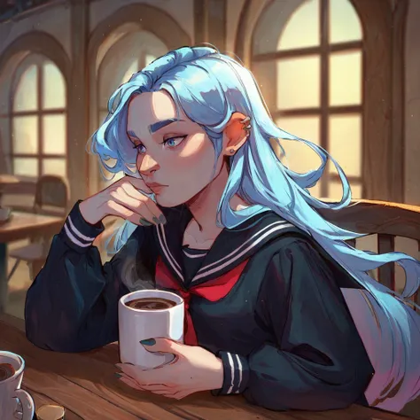 score_9, score_8_up, score_7_up, source_anime <lora:sabug_glazed-000070:1> BREAK 1girl, solo, light blue hair, long hair, black serafuku, upper body, holding coffee mug, ear piercing, table