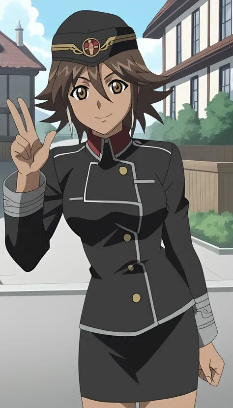 score_9, source_anime BREAK, oldest, anime screencap, outdoors, town, day, pose,  <lora:CelicaYayoi(Pony)-6:1>CelicaYayoi, 1girl, solo, short hair, brown hair, hat, jewelry, buttons, yellow buttons, uniform, military uniform, multicolored uniform, collared...