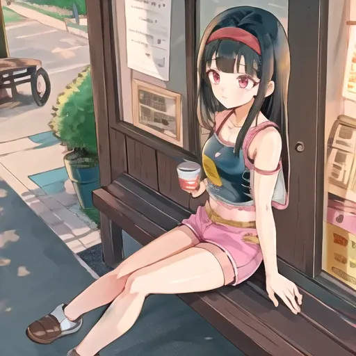 1 girl, anime, <lora:Pixie_DBC_Future:.6>, dbc_pixie,  sitting at small table, tea cups, outside cafe, black hair, headband, pink shorts, High Quality, masterpiece