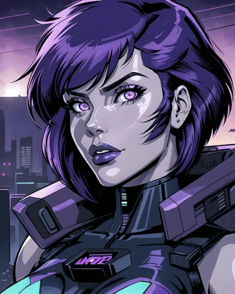 motoko kusanagi, masterpiece, best quality, cyberpunk, detailed face close up, glow eyes, (daytime, outdoors, harsh lighting), western comic book style, detailed intricate linework, detailed iris