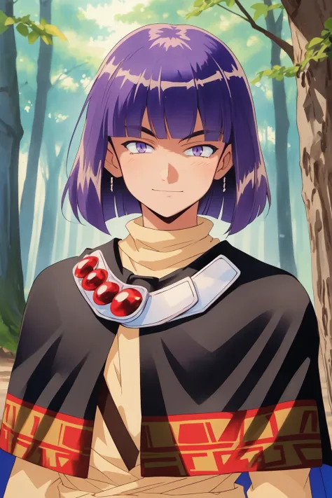 (xellos:1.4), solo male, 1boy, upper body portrait,vibrant colors, colorful, original, forest, capelet, expressionless, neutral_expression, purple eyes, light smile,  <lora:Xelloss01:0.8>, standing, curly hair, bob cut, blunt bangs, (traditional media:1.2)...